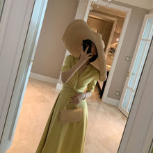 Load image into Gallery viewer, Women's Clothes 2020 Summer New Style Retro French V-neck Satin Solid Color Short Sleeve High Waist Twist  A-Line Long Dress
