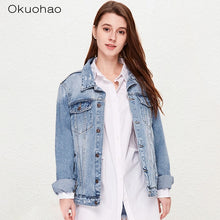 Load image into Gallery viewer, Solid Turn-down Collar Jean Jacket for Women Loose Casual Blue Fashionable Women Coats Female outwear Denim Feminine
