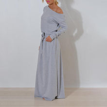 Load image into Gallery viewer, Women Slash Neck Sashes  Maxi Dress Blue Gray Long Sleeve Sexy Solid Dresses For Ladies Summer 2020 Elegant Slim Clothes Female
