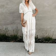 Load image into Gallery viewer, 2020 Summer Boho Women Maxi Dress Loose Embroidery White Lace Long Tunic Beach Dress Vacation Holiday Clothes  V-Neck Dress

