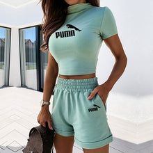 Load image into Gallery viewer, Girls 2 pieces short set women short sleeve crop tops shorts biker suits female 2020 summer solid fitness high waist ladies set
