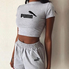 Load image into Gallery viewer, Girls 2 pieces short set women short sleeve crop tops shorts biker suits female 2020 summer solid fitness high waist ladies set
