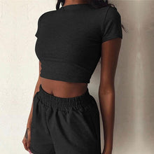 Load image into Gallery viewer, Girls 2 pieces short set women short sleeve crop tops shorts biker suits female 2020 summer solid fitness high waist ladies set
