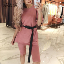 Load image into Gallery viewer, FSDA Summer 2020 Women Set O Neck Loose Short Sleeve Top Shirt And Biker Shorts Casual Two Piece Sets White Outfit Khaki Suit
