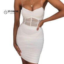 Load image into Gallery viewer, SVOKOR Mesh Stitching Perspective Dress Women Summer Low Chest Bodycon Dress Package Hip Sexy Party Club Clothes Women White
