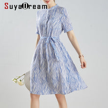 Load image into Gallery viewer, SuyaDream Woman Stripe Dress 100%Silk Stand Collar Elegant Shirt Dress Women 2020 Summer Sash Midi Dresses Silk Clothes Vestidos

