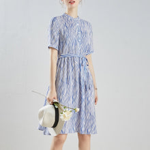 Load image into Gallery viewer, SuyaDream Woman Stripe Dress 100%Silk Stand Collar Elegant Shirt Dress Women 2020 Summer Sash Midi Dresses Silk Clothes Vestidos
