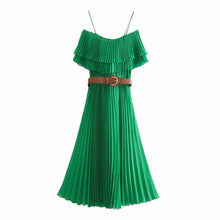Load image into Gallery viewer, Belt Pressed Pleat Chiffon Dress Women Summer Slash neck Cascading Ruffle Loose Dresses 2020 fashion Femme clothes D5833
