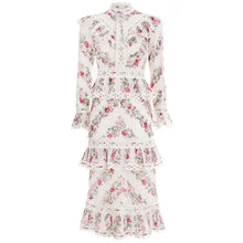 Load image into Gallery viewer, Autumn Hollow Out Print Female Dress Clothes Stand Collar Flare Sleeve High Waist Ruffles A Line Dresses Vestidos Women Fashion
