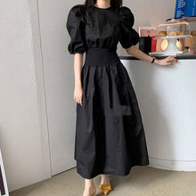 Load image into Gallery viewer, GALCAUR Korean Chic Style Elegant Women's Dress O Neck Puff Short Sleeve High Waist Tunic Midi Dresses Female Clothes 2020 New
