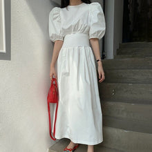 Load image into Gallery viewer, GALCAUR Korean Chic Style Elegant Women's Dress O Neck Puff Short Sleeve High Waist Tunic Midi Dresses Female Clothes 2020 New
