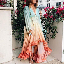 Load image into Gallery viewer, VGH Elegant Patchwork Women Dress V Neck Lantern Long Sleeve High Waist Irregular Hem Ruffles Dresses For Female Fashion Clothes
