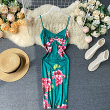 Load image into Gallery viewer, chic party dress women clothes sexy spaghetti strap green color print flowers bodycon tunic pencil dress sleeveless tank dress
